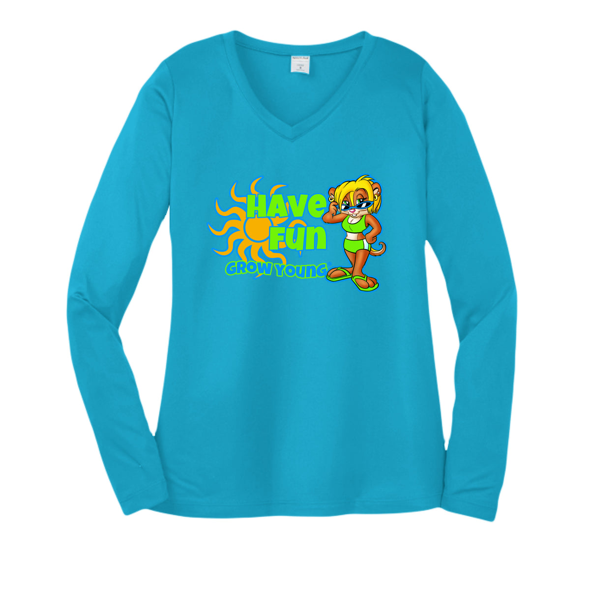 Blue v-neck sunshirt with a cartoon chipmunk character