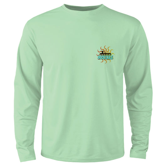 Docktails Adirondack logo men's sun shirt in green UPF 50 protection fabric front of shirt