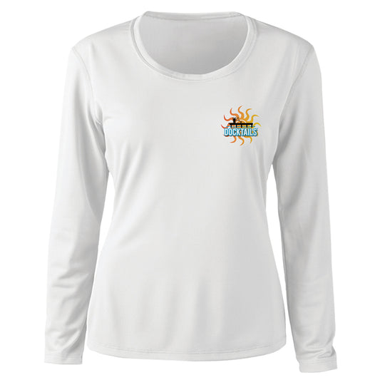 Docktails Adirondack logo women's sun shirt in white UPF 50 protection fabric front of shirt
